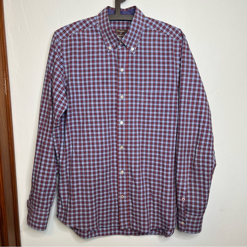 J. McLaughlin Gramercy Long Sleeve Dress Shirt Blue Red Plaid Modern Fit S EUC